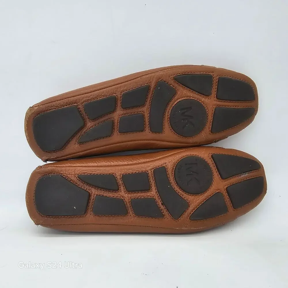 Michael Kors Fulton Moc Flats Brown Pebbled Leather Gold Metal Logo Women's 9.5M